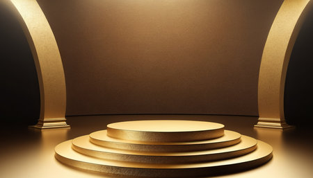 3d rendering of golden podium for product presentation. Luxury background.の素材