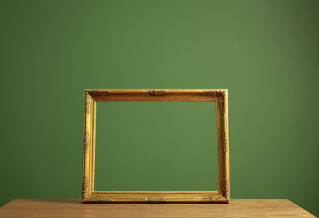 Golden picture frame on wooden table over green background. Copy space.の素材