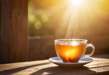 Cup of tea on wooden table in the garden with sun flareの素材