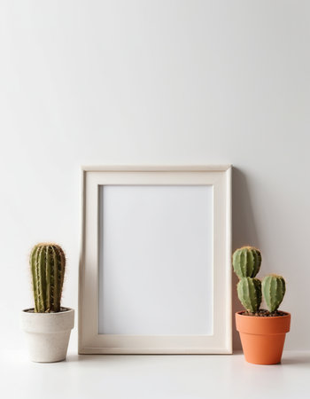 Photo frame mockup with cactus in pot on white wall backgroundの素材