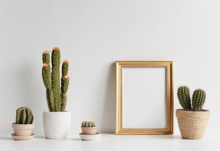 Photo frame mockup with cactuses on white background. Minimalistic interior design.の素材