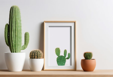 Mock up poster frame, cactus in pot on wooden shelf and white wall backgroundの素材