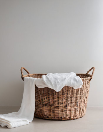 Wicker basket with white cotton towels on the floor against the wallの素材