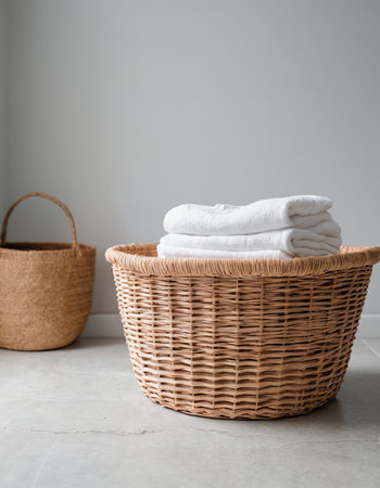 Wicker basket with white towels on the floor in the bathroom.の素材