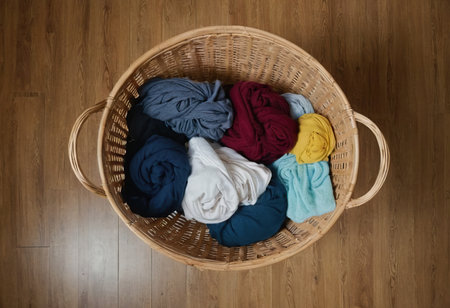 Wicker basket full of colorful clothes on wooden floor, top viewの素材
