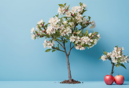 Apple tree with white flowers and red apples on blue background. Copy space.の素材