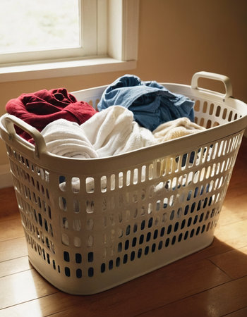 Laundry basket with clothes on the floor in the sunlight.の素材
