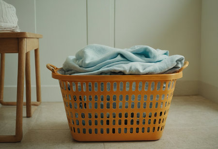 Laundry basket with dirty clothes in laundry room. Selective focus.の素材