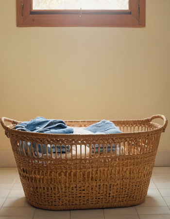 Wicker basket with clean laundry on the floor near the window.の素材