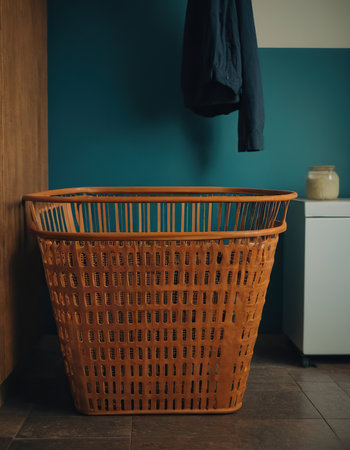 Laundry basket in front of the wall in the bathroom.の素材