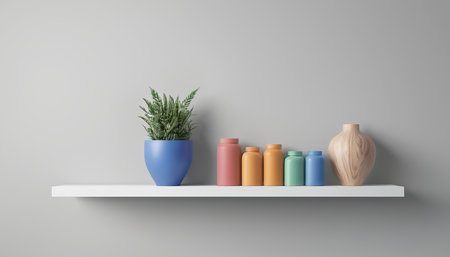 Ceramic vase with plant on shelf. 3D renderingの素材