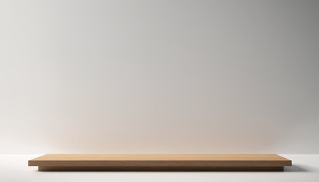 Wooden shelf on white wall background. 3d render illustration.の素材
