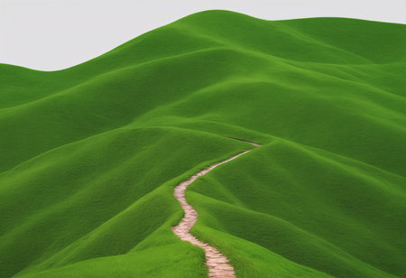 Winding path in green grassy hills, 3d render.の素材