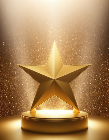 Abstract 3d render of golden star on podium. Award ceremony concept.の素材