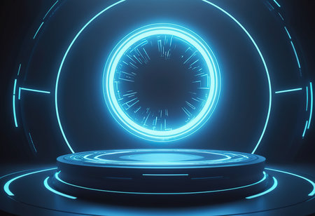 Abstract blue neon circle background. Futuristic technology concept. 3D Renderingの素材