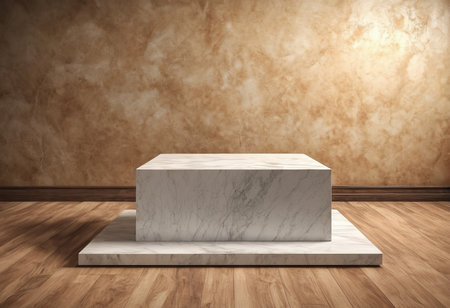 White marble podium in room with brown wall and wooden floor. 3d renderingの素材