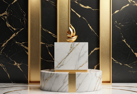 3d render, abstract marble product display podium with gold and black marble backgroundの素材