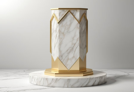 3d render of white marble pedestal with gold frame. Luxury pedestal for product presentation.の素材