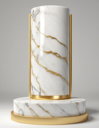 3d render of white marble pedestal with gold frame and marble textureの素材