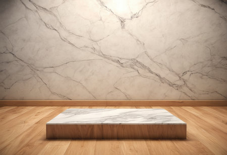 Empty marble podium in room with marble wall and wooden floor. 3D Renderingの素材