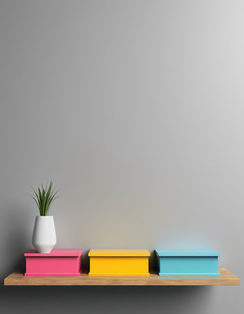 Colorful bookshelf with plant in pot on gray wall backgroundの素材