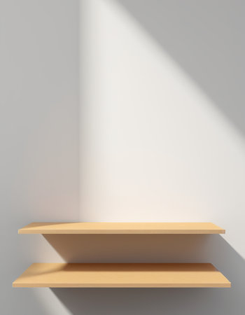 Wooden shelf with shadow on the wall. 3d rendering.の素材