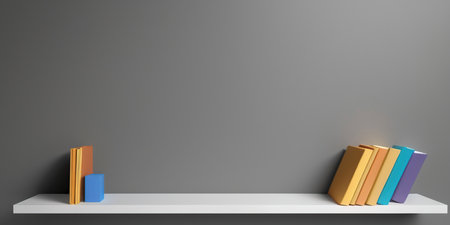 Bookshelf with books on gray wall background. 3D renderingの素材