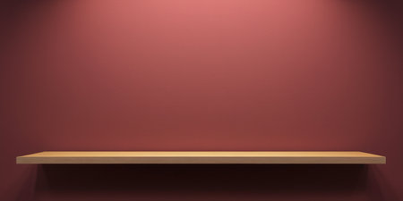 Wooden shelf on red wall background. 3d render illustration.の素材