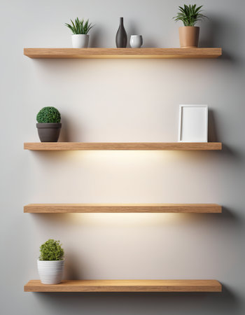 Wooden shelf with books and plants on the wall. 3d renderingの素材