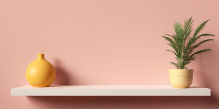 Empty white shelf on pink wall background, 3d rendering. Computer digital drawing.の素材