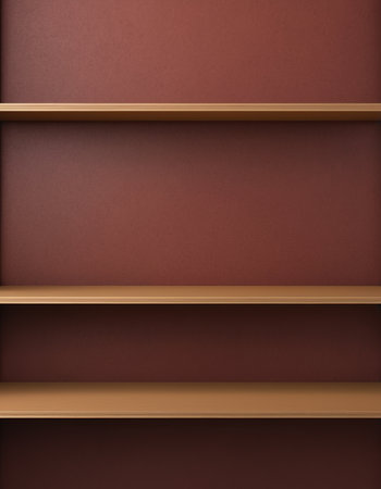 Wooden bookshelves on a brown background. 3d renderingの素材