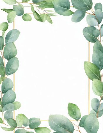 Watercolor frame with eucalyptus branches and leaves on white backgroundの素材