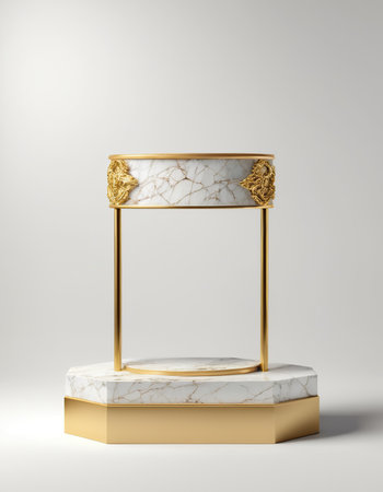 3d render of golden pedestal for product presentation with marble textureの素材