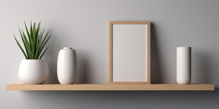 Wooden shelf with blank picture frame, vase and plant. 3d renderingの素材