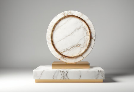 3d render of white marble podium with gold frame on gray backgroundの素材