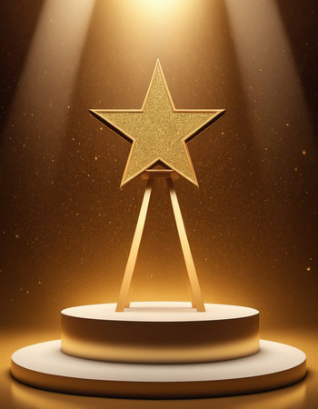 Golden star on stage podium illuminated by spotlight. Award ceremony concept. 3D Renderingの素材