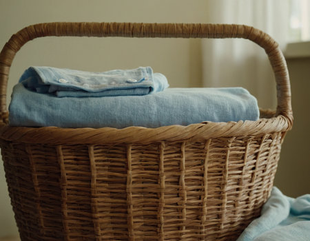 Wicker basket with clean clothes on a bed in the morning.の素材