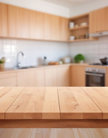 Empty wooden table and blurred kitchen interior background, product display montageの素材