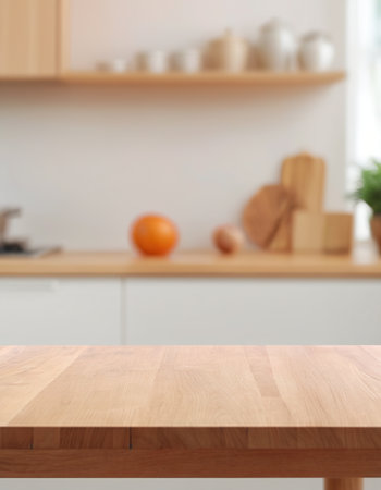 Empty wooden table and blurred kitchen interior background, product display montageの素材