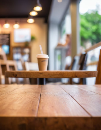 Empty wooden table and coffee shop blur background with bokeh image.の素材