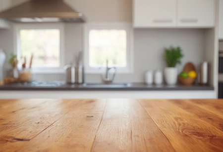 Empty wooden table and blurred background of kitchen interior. For product displayの素材