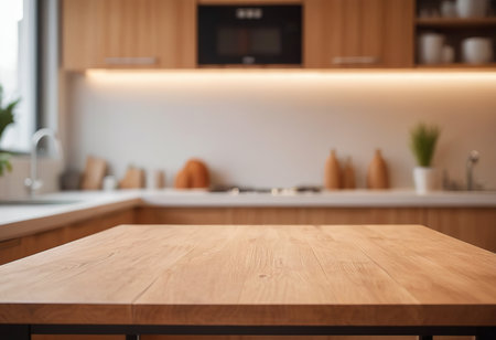 Empty wooden table and blurred kitchen interior background. Ready for product display montageの素材