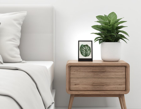 Wooden nightstand with plants in modern bedroom interior. 3d renderの素材