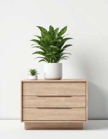 Wooden chest of drawers with plant in pot on white wall backgroundの素材
