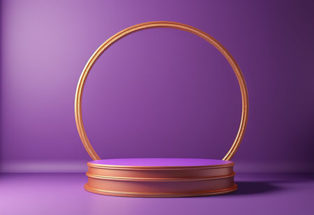 3d render of golden round podium on purple background with shadow.の素材