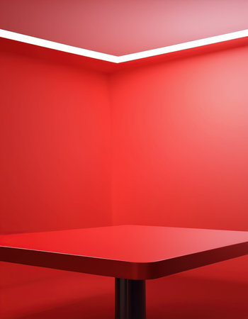 Red room with a table and a red wall. 3d renderingの素材