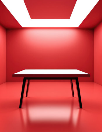 3d rendering of a red room with a table in front of itの素材