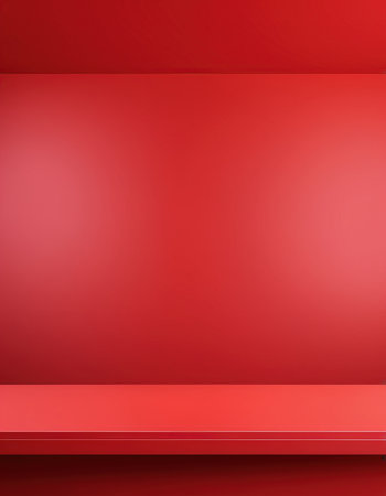 Empty red shelf on red wall background. For product display. 3D Renderingの素材