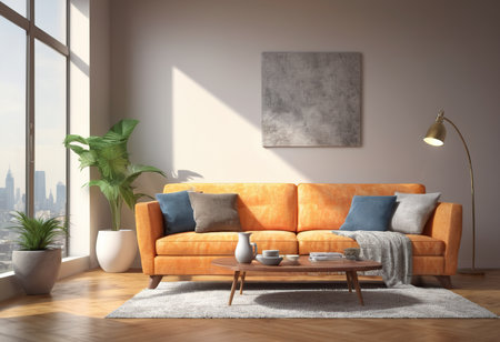 interior with brown sofa. 3d render illustration mock-upの素材