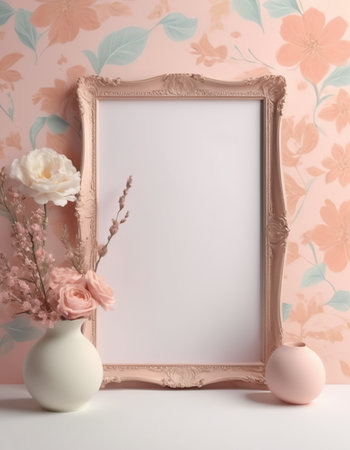 Mock up blank frame with flowers in vase on the tableの素材